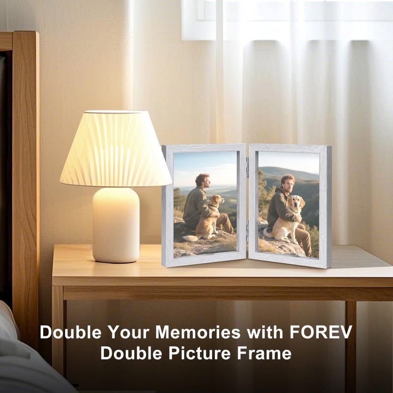 Forev 3.5x5 Double Picture Frame Wooden Hinged Photo Frame Definition Glass Stand Vertically on Desktop or Tabletop Silver - Image 2